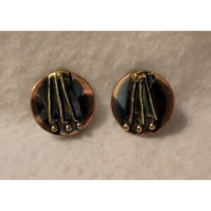 Vintage Unsigned Abstract Brutalist Copper Brass Clip On 1" Round Earrings